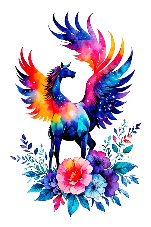 Horse In Flowers With Cosmic Colorful Majestic Phoenix