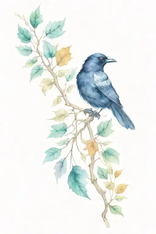 Raven And Oak Tree Colored Leaves