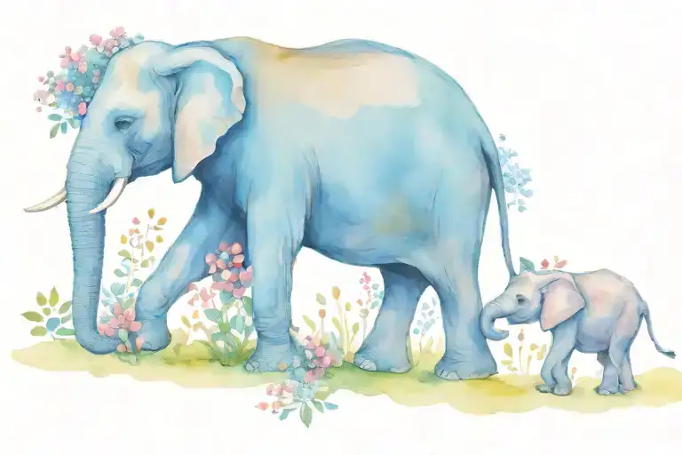 Elephant Family Of 3 Walking On Road Of Blooming Flowers