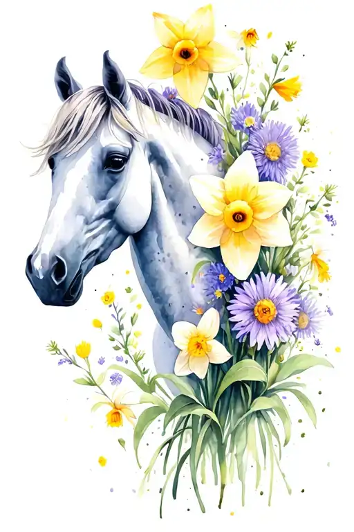 Daffodil And Aster Intertwined Around Horse