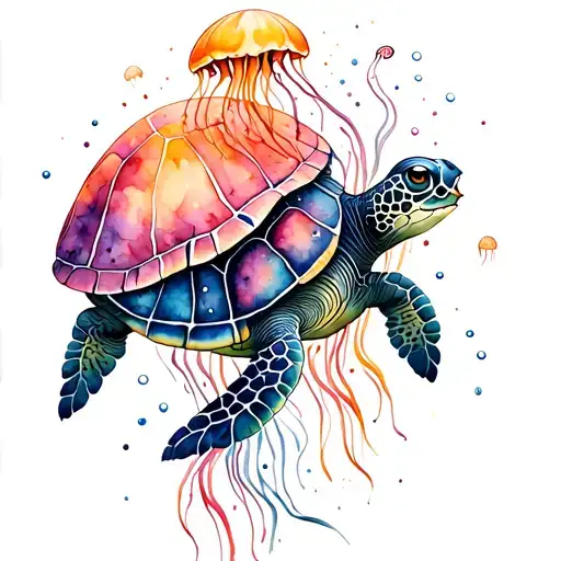 Turtle With Flowy Waves And Jellyfish Around It