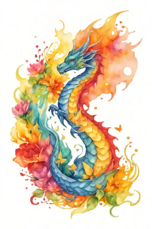 A Dragon Breathing Fire Onto A Field Of Colorful Butterflies And Flowers