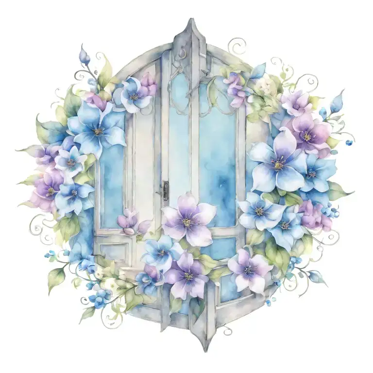 Medieval Open Doors With Blue And Purple Flowers