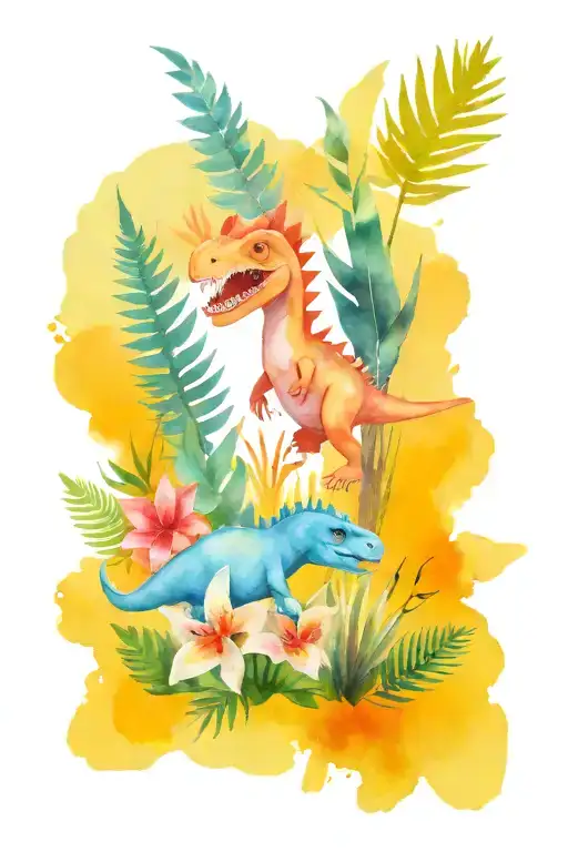Dinosaur And Jungle Plants And Flowers
