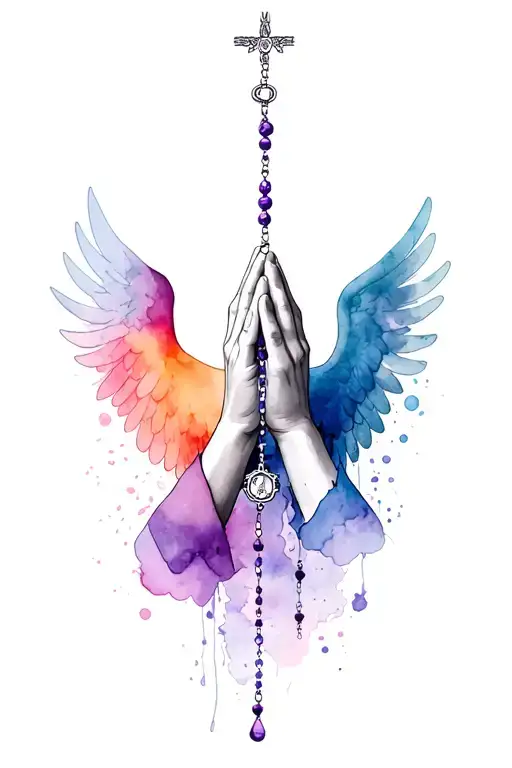 Praying Hands Holding Rosary Beads With Angel Wings And Water