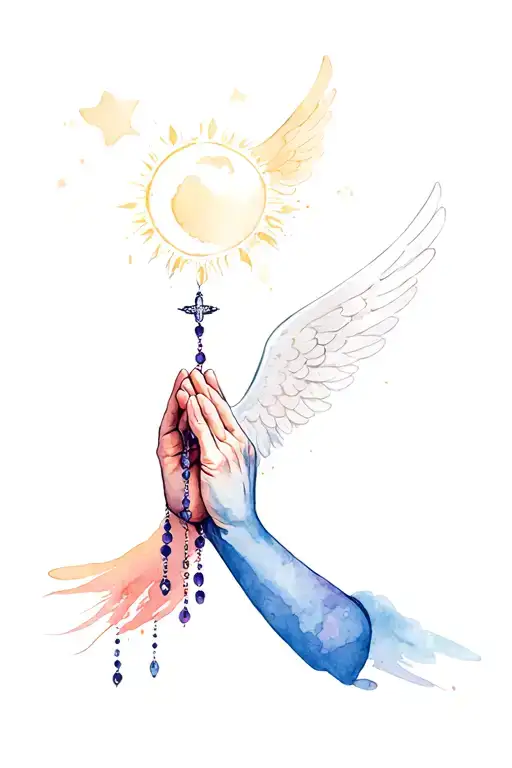 Praying Hands Holding Rosary Beads With Angel Wings Water And Sun