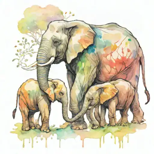 Mother With 4 Kids And 2 Grandkids As Elephants Holding Trunks
