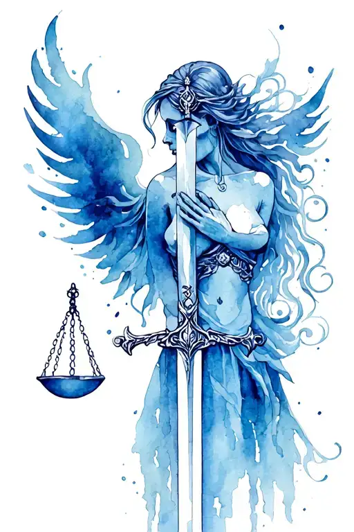 Goddess Of Death And Justice Intertwined With The Balance Of Justice In The Back And A Sword