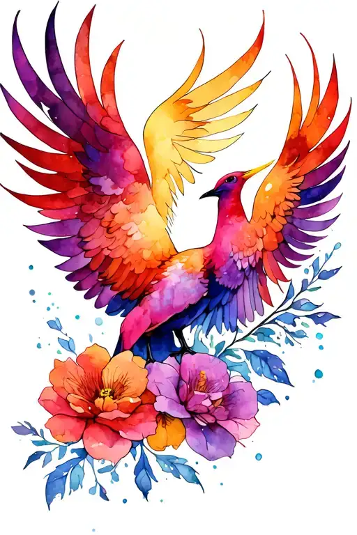 Phoenix With Water Color With Flowers