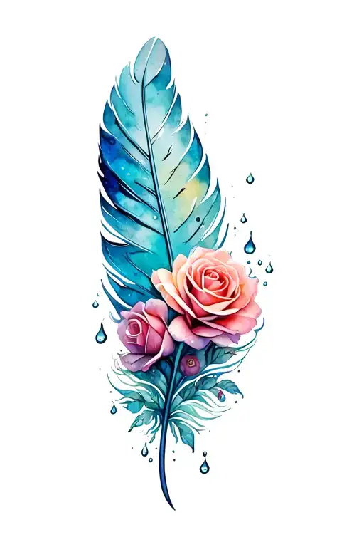 3D Feather With Roses And Water Droplets Flowing