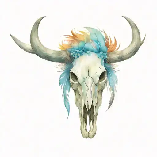 Bull Skull With Indian Feathers Hanging