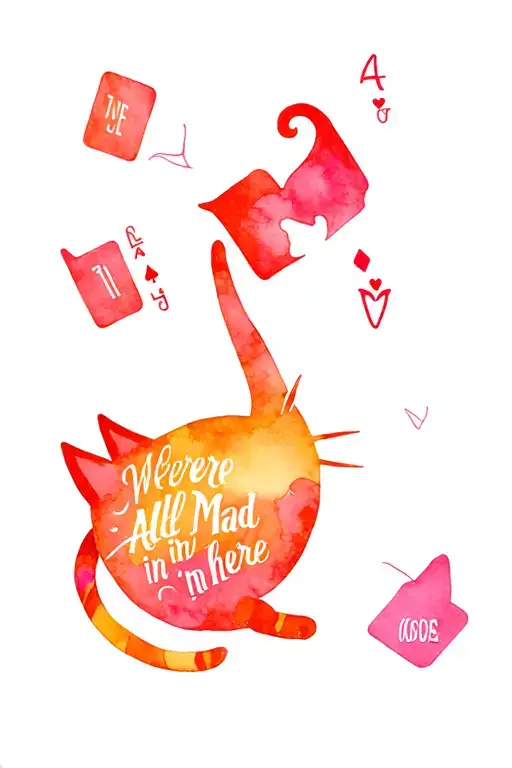 Cheshire Cat Playing Cards Floating Whimsical Design With Were All Mad In Here Quote