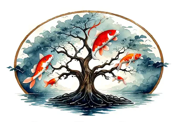 Koi Fish Swimming Around Tree Of Life