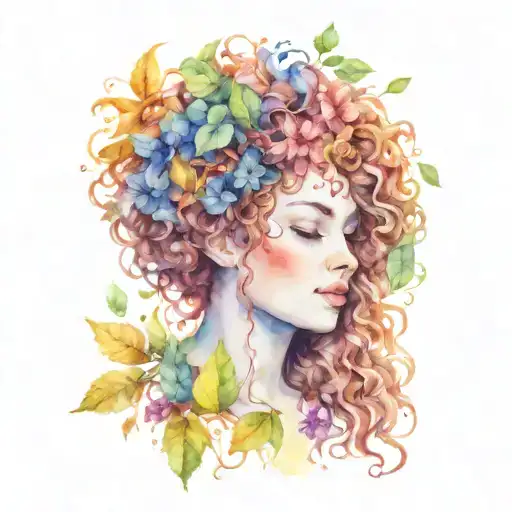 Woman Tree Curly Hair Leaves And Flowers Intertwined