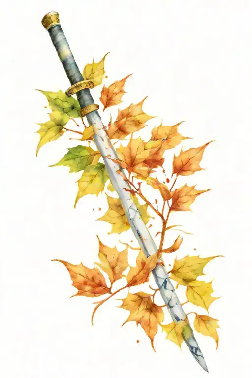 Katana Stuck In Tree With Leaves Falling Leaves