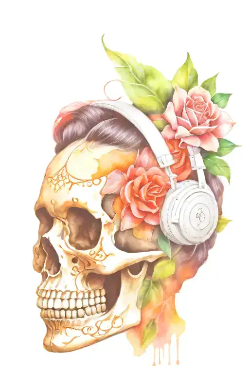 Frida Khalo Skull Wearing Headphones