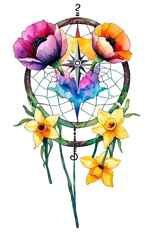 3 Poppy And 1 Daffodil Within Compass Centered Dreamcatcher