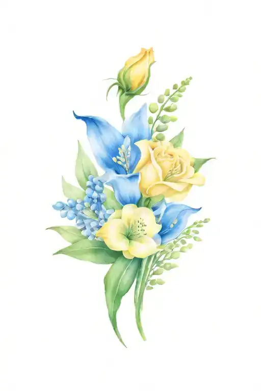 Floral Bouquet Blue Bonnet Yellow Rose Lily Of The Valley