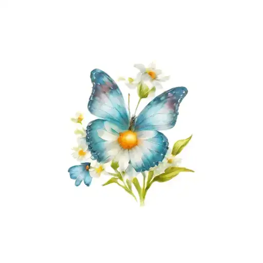 Daisy And Blue Butterfly Perched