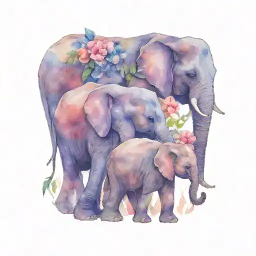 Mom Elephant And Five Baby Elephants Following Each Other With Flowers