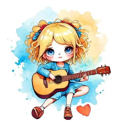 Blonde Chibi Girl With Messy Hair Playing Acoustic Guitar