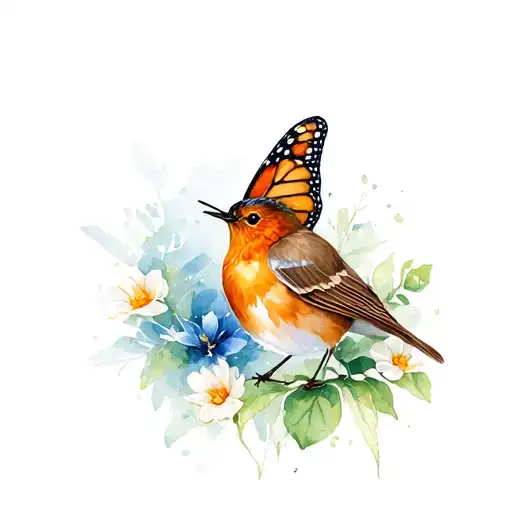 Robin With A Monarch Butterfly