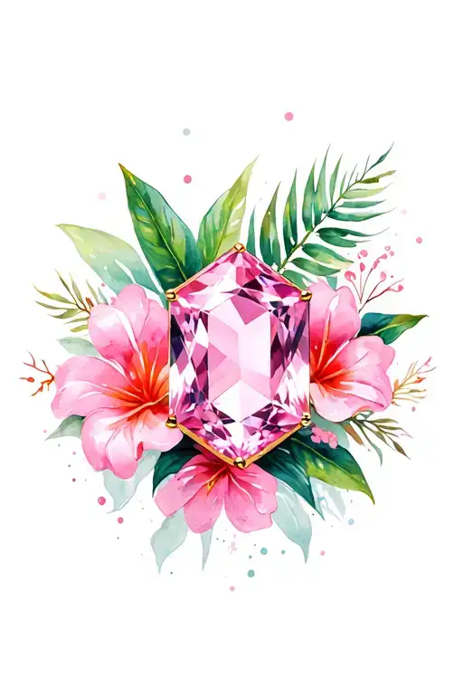 Pink Sapphire On White Gold With Pink Tropical Flowers In Background