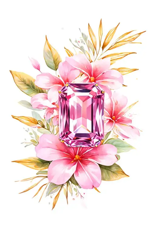 Pink Sapphire On White Gold With Pink Tropical Flowers In Background