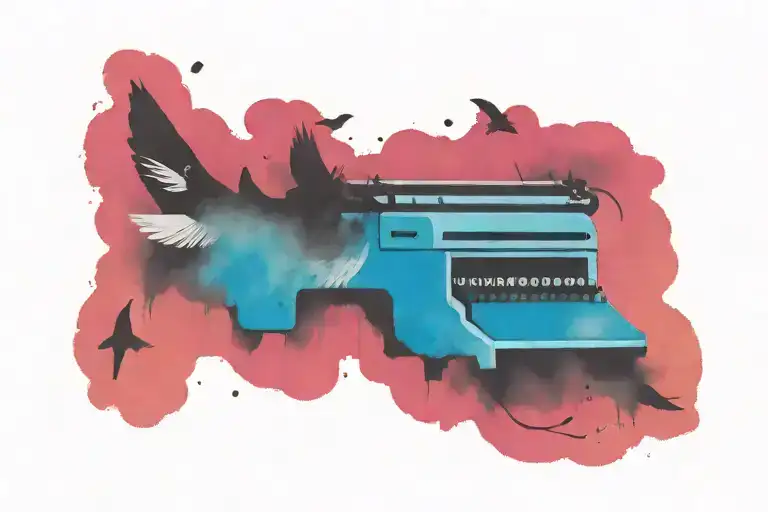 Type Writer In Black And White With Water Colored Birds Flying Away From The Type Writer