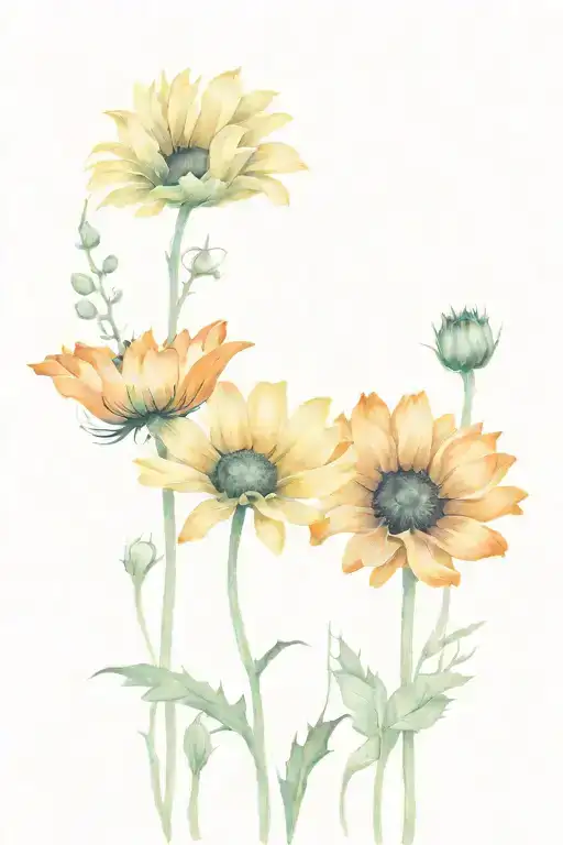 Orange Poppy And Sunflower Under Sky