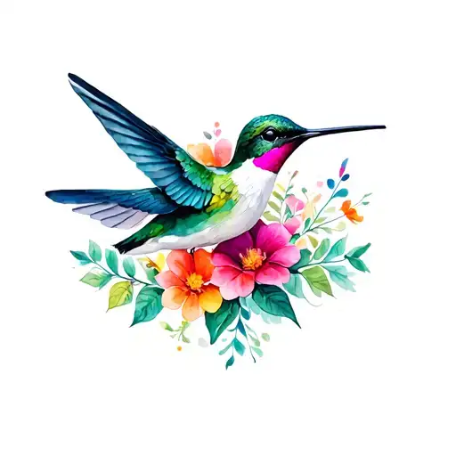 Humming Bird With Flowers