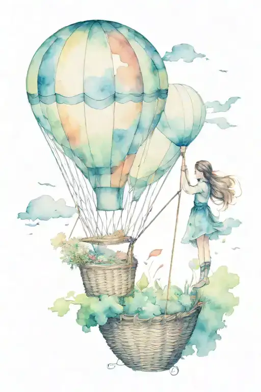 Hot Air Balloon Floating With Girl Fishing From Basket