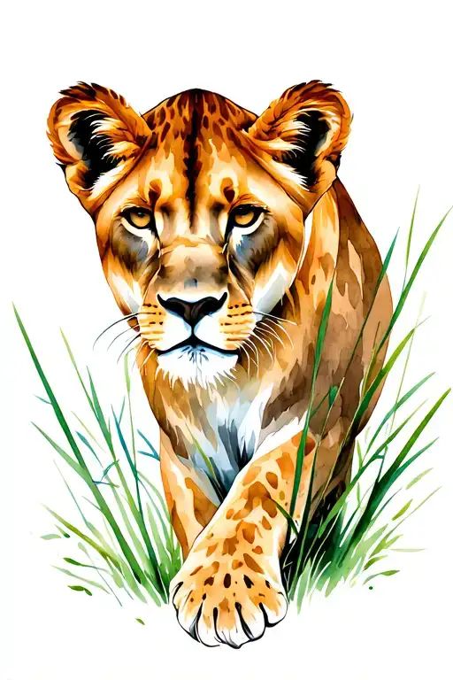 Lioness In Hunting Position Peeking Through Blades Of Grass