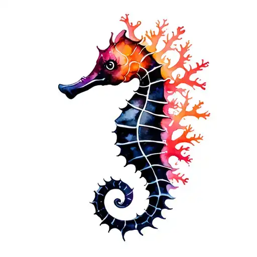 Black Seahorse With Bright Colour Coral
