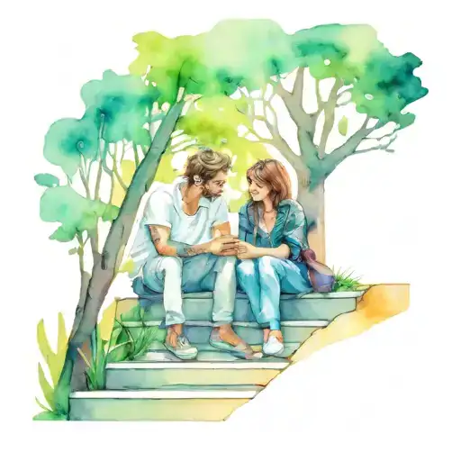 Couple Sitting On Ground Stairs Among Trees And Listening To Music