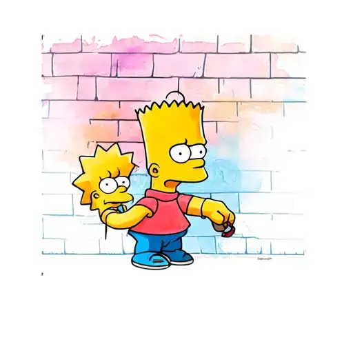 Color Tattoo - Bart Simpson Applies Graffiti With The Image Of Lisa Simpson On A Brick Wall