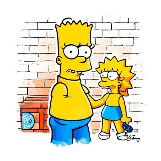 Color Tattoo - Bart Simpson Applies Graffiti With The Image Of Lisa Simpson On A Brick Wall