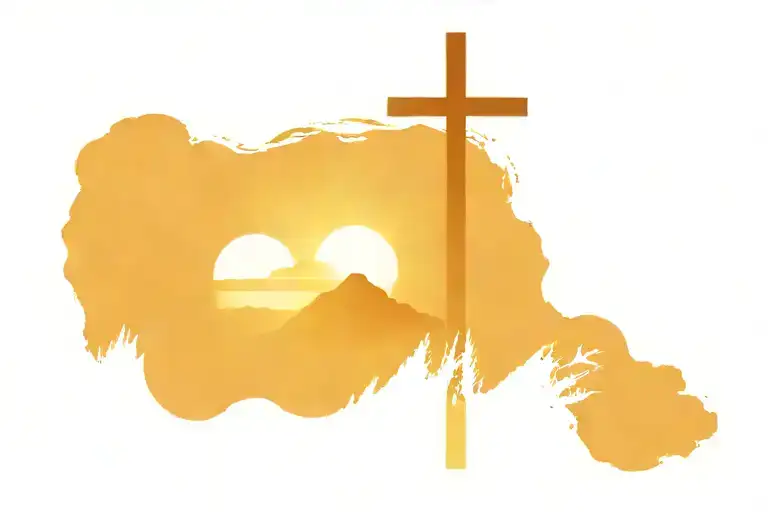 Sunset With Ocean And Mountains With Wooden Cross In Middle