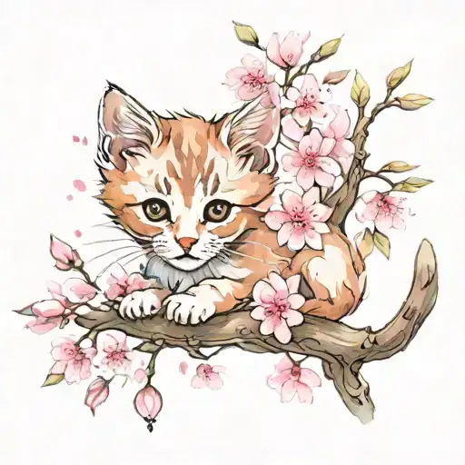 Cute Kitten Pink Cherry Blossom Tree