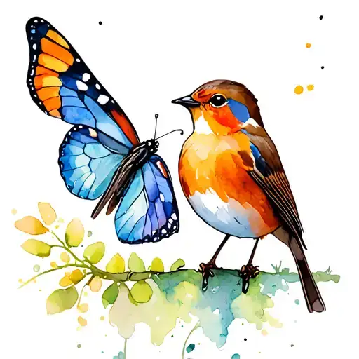 Robin And Butterfly Having A Chat