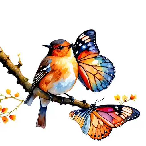 Robin And Butterfly Together On Thin Branch