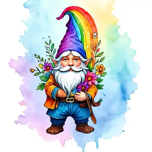 Gnome With Watercolor Rainbows And Flowers Intertwined