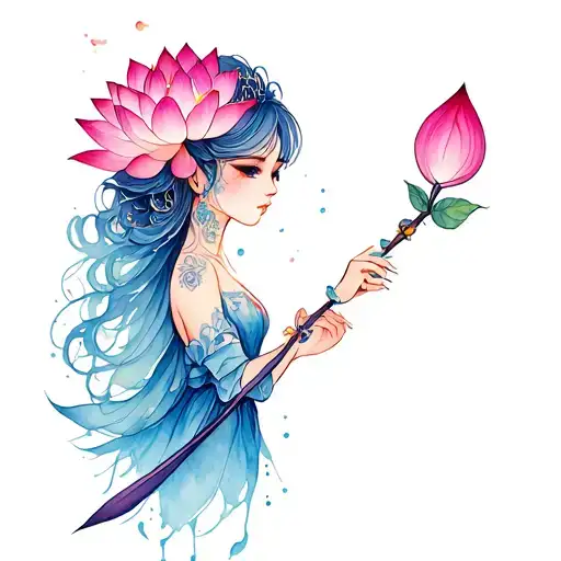 Lotus Blossom With Magical Girl Anime Wand Tatoo