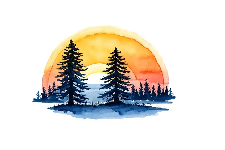 Sunrise And Sunset In One Tattoo Design Scene Left To Right With Pine Trees