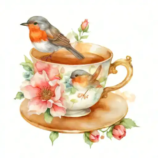Teacup And Little Robin Bird And Poppy Flower