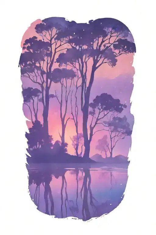 Silhouette Foreground Of Trees And Water Over A Colorful Sunset Background That Has A Galaxy