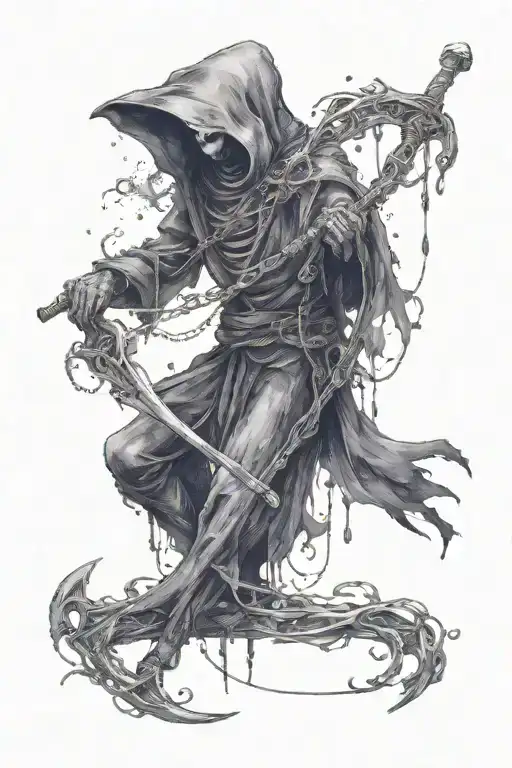 Full Body Grim Reaper Wrapped In Chains Holding A Scythe