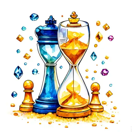 Chess Pieces And Hour Glass With Jewels And Gold As The Sand
