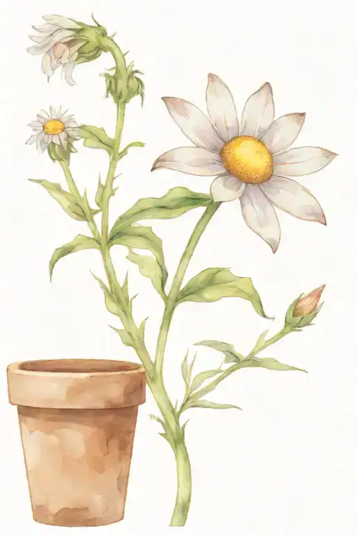 A Daisy Flower On An Elongated Stem In A Brown Pot That Smiles From The Marijuana Plant