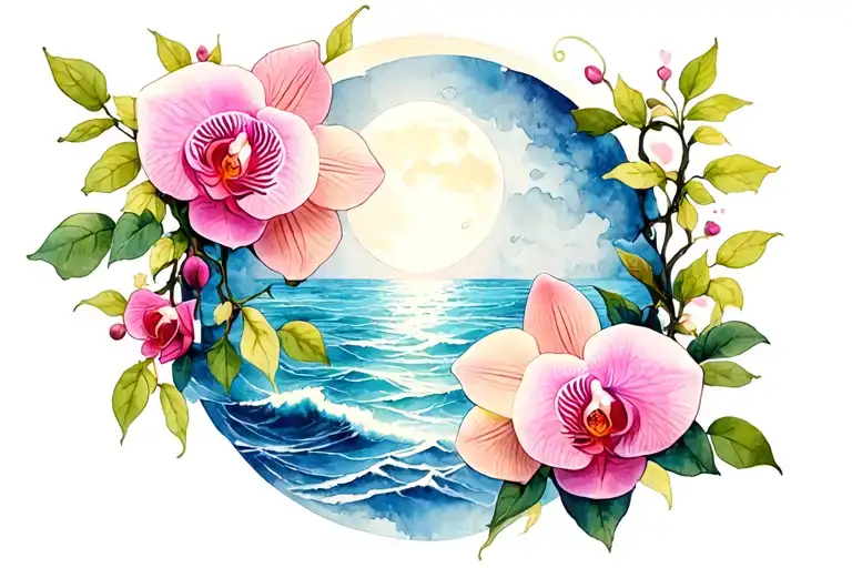 Roses And Orchids Vines Intertwined With The Moon And Ocean
